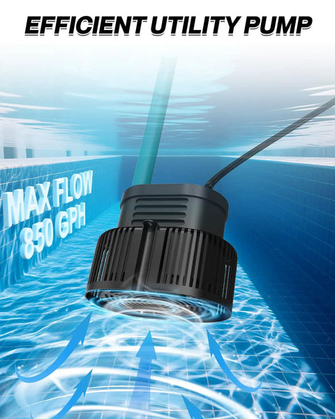 Above Ground Pool Cover Pump With Drainage Hose And 25 Foot Power Cord, Submersible Water Removal Pump, 850 GPH, in action underwater
