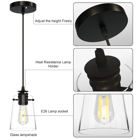 Black Pendant Lights For Kitchen Island, Modern Glass Hanging Fixture with adjustable drop cord and glass lampshade.