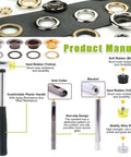 Product manual for All In One Eyelet Grommet Kit With 240 Pcs 4mm 5/32 Inch showing tools, eyelets, washers, hammer, hole cutter, and mandrel.