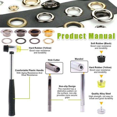 Product manual for All In One Eyelet Grommet Kit With 240 Pcs 4mm 5/32 Inch showing tools, eyelets, washers, hammer, hole cutter, and mandrel.