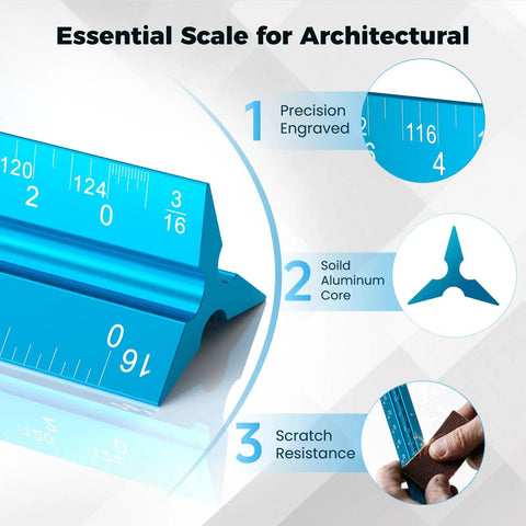 12 Inch Triangular Architect Scale Ruler For Drafting And Blueprints Aluminum Alloy Pro Grade Tool With Six Scales On Three Sides