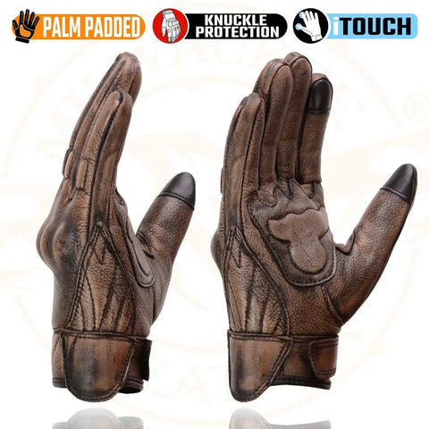 Distressed Brown Leather Gloves With Vibration-Reducing Gel Palm And Knuckle Protectors For Serious Motorcycle Riding, Large