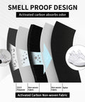 Diagram showing 5-layer design of Smell Proof Cleat Bag With Odor Absorbing Tech, illustrating odor-blocking carbon layers.