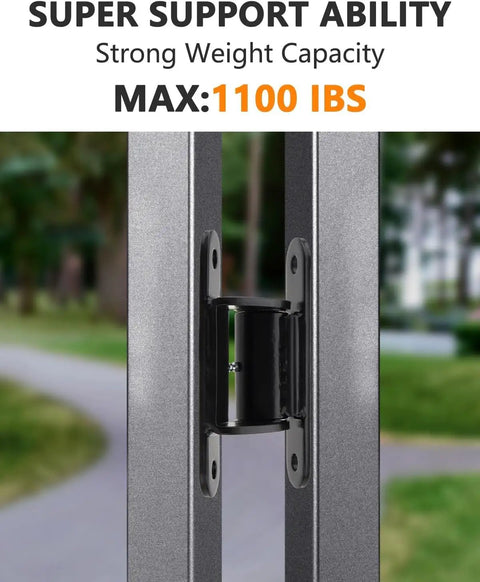 Built Tough 7 Inch Gate Hinge 4 Pack With Bolt-On Or Weld-On Installation, 180 Degree Swing, Extended Hinges For Heavy Duty Outdoor Gates, Weatherproof Construction, Corrosion Resistant, Self-Lubricating Pins. Black metal gate hinge mounted on two posts.
