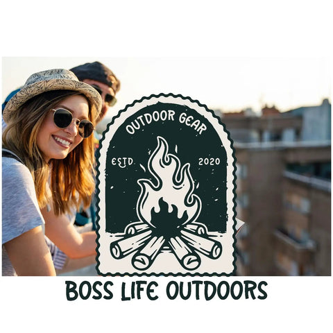 Person wearing hat and sunglasses outdoors beside a 'Boss Life Outdoors' logo with campfire illustration