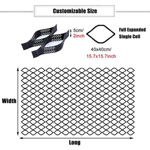 Diagram showing the Flexible Permeable Paver Grid System For Driveways Patios And Pathways Easy To Install Ground Stabilizer For Lawn And Garden Lay It Down And Fill Cells With Dirt Grass Sand Or Gravel 2x9.5m with measurements.