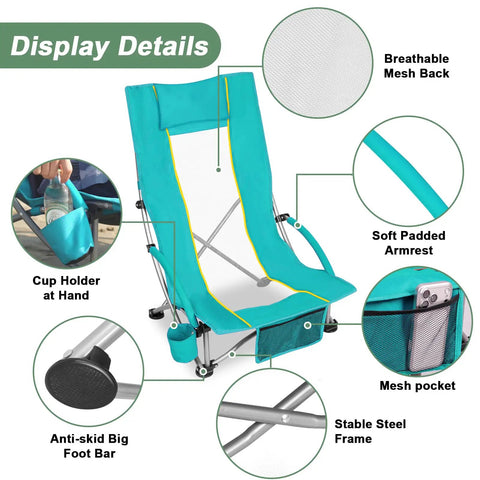 High Back Beach Chair For Camping And Tailgating, Ultra Lightweight Yet Heavy Duty Support, Fits In Suitcase, 400 Lb Capacity, green