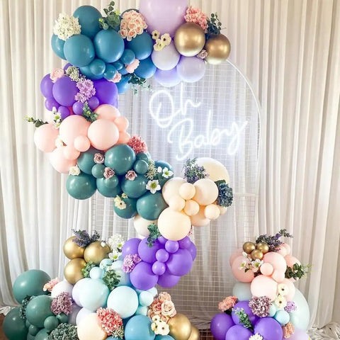 Neon Sign for Baby Shower Backdrop LED Light Up Wall Decor 21.5 Inch By 20 Inch with colorful balloon arch and floral accents