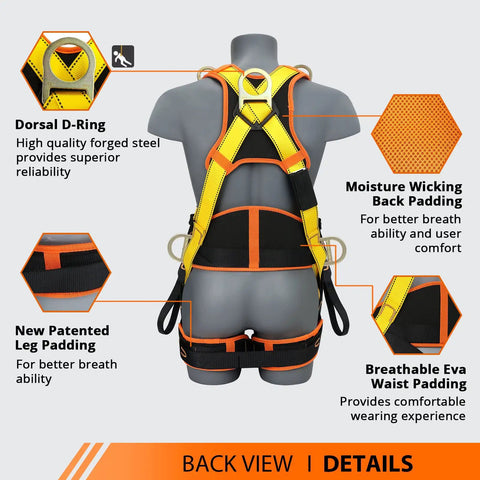 Back view of Fall Protection Safety Harness with four quick buckles, showing ergonomic straps and six-point D-ring system.