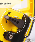 Detail of reset button on 12 Inch Folding Mechanical Measuring Wheel Straight Up Reliable Metric Distance Tracker With Portable Carry Handle.