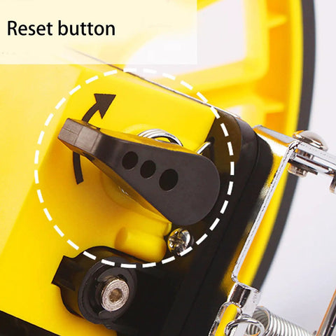 Detail of reset button on 12 Inch Folding Mechanical Measuring Wheel Straight Up Reliable Metric Distance Tracker With Portable Carry Handle.