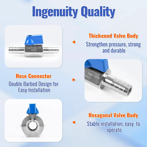 Diagram highlighting features of Half Inch Hose ID Barb Ball Valve With 304 Stainless Steel, dual 13mm barb fittings.