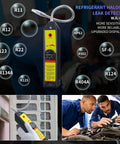 Front view of handheld refrigerant leak detector with yellow front panel and black body, featuring a flexible gooseneck LED light.