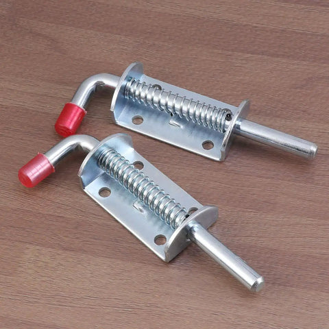 Spring Pin Latch Lock 2pcs for Utility Trailer Gate, Silver, featuring steel construction and red plastic ends.