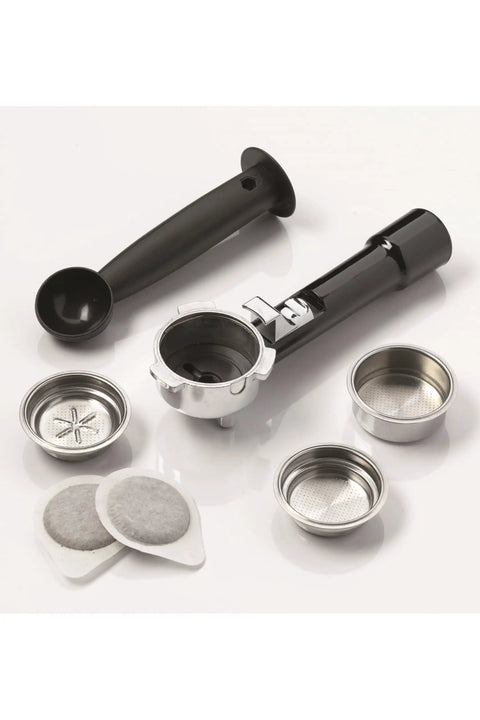 Top Tier Stainless Steel Espresso Machine With Reliable 19 Bar Italian Pump And Quick Ground Or ESE Pod Brewing tools and accessories.