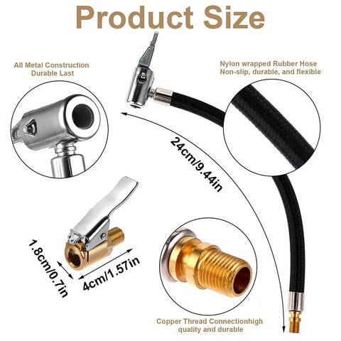 Tough 24cm Tire Inflator Hose with Two Locked-In Air Chucks for Schrader Valves Nylon Wrapped Rubber Flexible Hose, detailed view.