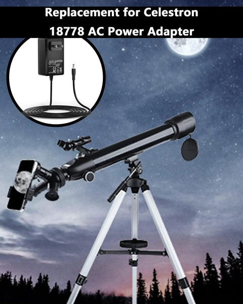 10 Feet Long Replacement AC Power Adapter Cord for NexStar Telescope Series with 18778 adapter, shown with telescope under night sky