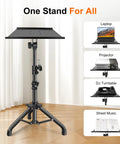 Projector And Laptop Stand Tripod Adjustable Floor Stand From 24.4 To 46 Inches For DJ Equipment Outdoor Movies Office Home Stage Or Studio Stable Triangular Base Easy Setup Heavy Duty Black shown with multiple uses