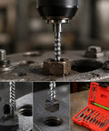 Heavy Duty Screw Extractor And Left Hand Drill Bits Set, Cobalt Tool Steel broken bolt remover in use on rusted nut.