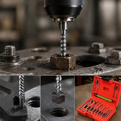 Heavy Duty Screw Extractor And Left Hand Drill Bits Set, Cobalt Tool Steel broken bolt remover in use on rusted nut.