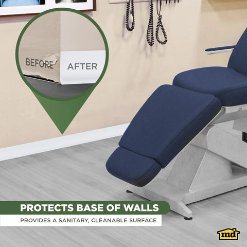 4 Inch Wide Dry Back Vinyl Wall Base Roll With Flexible Toe Kick No Fuss Easy Install Molding For Floors And Baseboards White Vinyl Trim For A Clean Modern Look 60 Feet Long Durable Seamless Baseboard Finish along clinic wall
