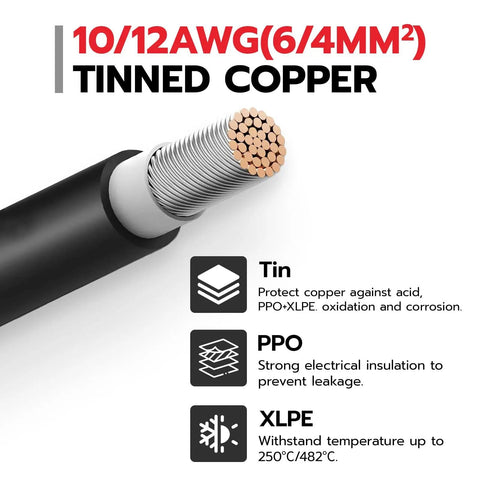Solar Y Branch Connectors Set For 2 To 8 Panels showing 10/12 AWG tinned copper wire with PPO and XLPE insulation details.