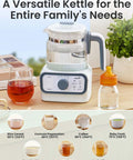 Game-Changer Baby Warmer And Glass Water Boiler With Precise Temperature Control For Formula Coffee And Tea 1.2 Liter Electric Kettle With LCD Display and Timer on a kitchen counter.