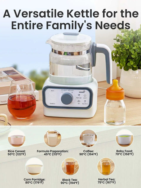 Game-Changer Baby Warmer And Glass Water Boiler With Precise Temperature Control For Formula Coffee And Tea 1.2 Liter Electric Kettle With LCD Display and Timer on a kitchen counter.