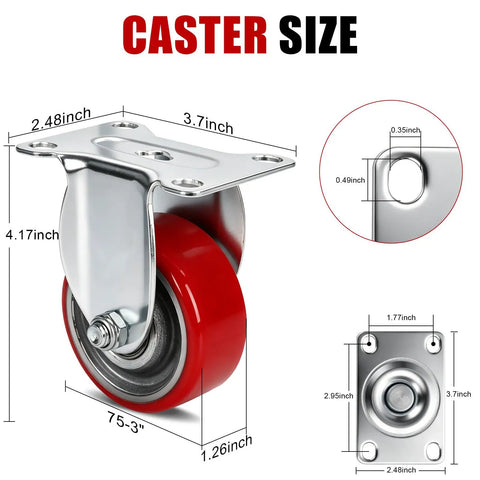 Workhorse Heavy Duty Caster Wheels Set Of 4 With Two Swivel Brakes And Two Rigid Units 3 Inch Polyurethane Tread dimensions and details.