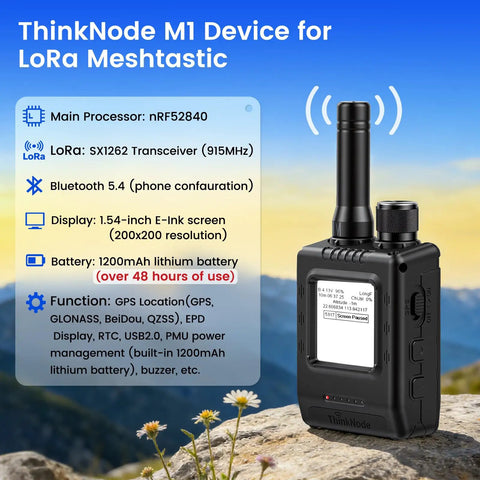 ThinkNode M1 LoRa Meshtastic Transceiver With GPS And One Point Five Four Inch EPD Screen In Protective Case on a rock