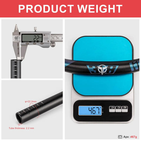 Trail Ready 31.8mm MTB Riser Handlebar 780mm Wide Aluminum Alloy Bar with weight measured as 467g on a digital scale.