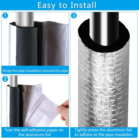 Installation of 10 Pack Self Adhesive Pipe Insulation Foam Tubes With Aluminum Foil Wraps For Spigots And Outdoor Pipes steps shown