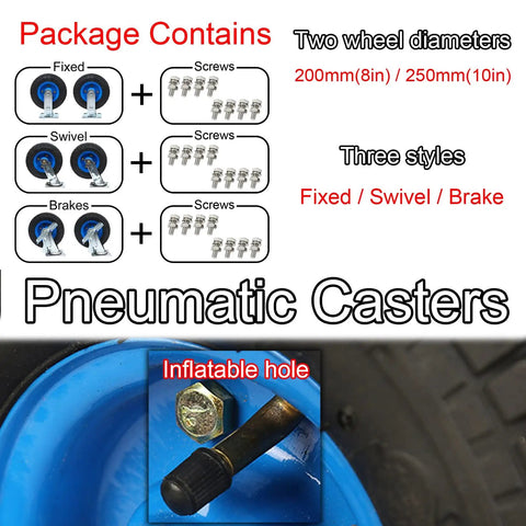 Heavy Duty Pneumatic Swivel Casters With Inflatable Rubber Wheels 440 Lbs Load Capacity, package contents and wheel details.