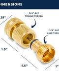 Solid Brass Garden Hose Quick Connect Set Three Quarter Inch GHT Thread Fittings with dimensions showing 3/4" GHT female and male threads.