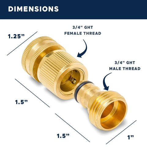 Solid Brass Garden Hose Quick Connect Set Three Quarter Inch GHT Thread Fittings with dimensions showing 3/4" GHT female and male threads.