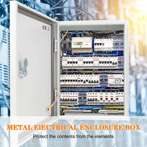Open Outdoor Electrical Box 12 By 12 By 8 Inches NEMA 4X Steel Enclosure Waterproof Lockable Junction Box with visible wiring.