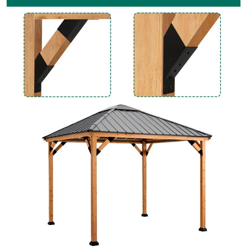 Eight Piece 45 Degree Pergola Bracket Set For 2x4 Lumber Heavy Duty Angle Supports With Drainage Holes shown on wooden gazebo