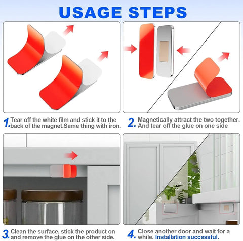 Installation steps for Ultra Thin Magnetic Cabinet Catches Set No Drill Self Adhesive For Doors And Drawers Invisible Kitchen Closures