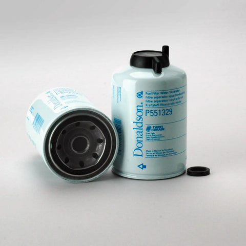 Two P551329 Spin-On Beefed-Up Fuel Filters with Water Separators for diesel engines, showing top and side view on white background.