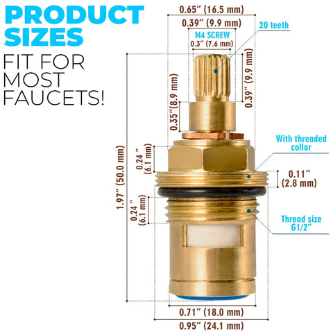 Dimensions of Brass Quarter Turn Faucet Cartridge Replacement Kit Two Pieces Half Inch Thread Twenty Teeth Stem.