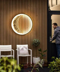 Lit Moon Shaped Outdoor Wall Sconce LED Light 23.6 Inch, 18W Plug-In Waterproof Exterior Black Round Wall Mount on wooden wall