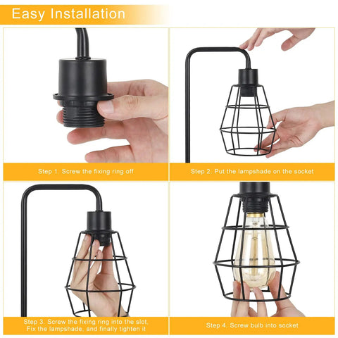 Installation steps for Two Pack Industrial Table Lamps With Dual USB Ports And AC Outlet, Black Metal Cage Shade, Bedside Lights