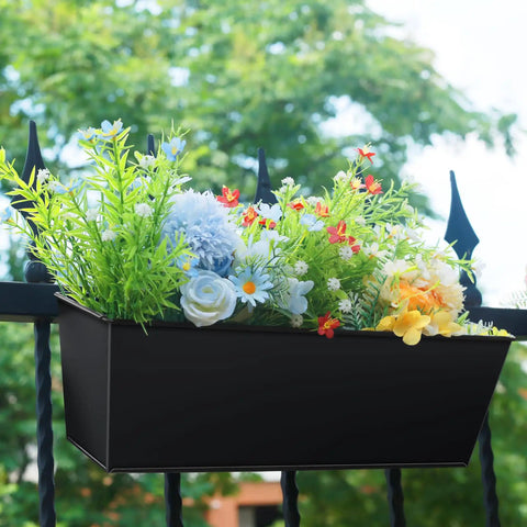 Railing Planter Set For Outdoor Plants 16 Inch Metal Rectangular Window Boxes with adjustable brackets on balcony railing