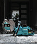 Badass 9 Inch Brushless Cordless Power Cutter With 40V Max Xgt System Electric Brake and Aft Safety Stop For Hard Core Demolition and No Sweat Cutting Work Including Diamond Blade Tool Only on a concrete surface.