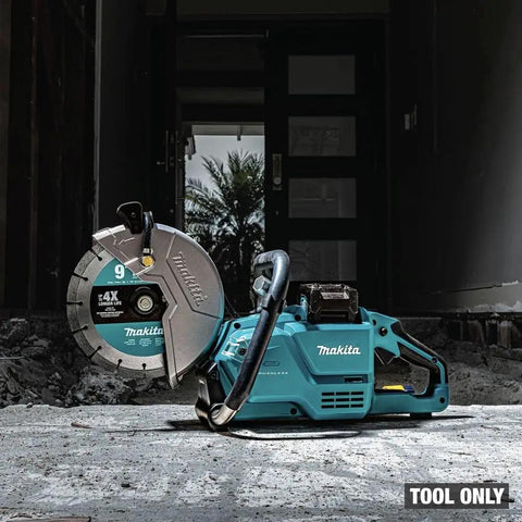 Badass 9 Inch Brushless Cordless Power Cutter With 40V Max Xgt System Electric Brake and Aft Safety Stop For Hard Core Demolition and No Sweat Cutting Work Including Diamond Blade Tool Only on a concrete surface.