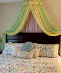 Badass Metal Bed Canopy Frame Kit For Bedroom Fitting Twin To King Sizes Featuring Rod Pocket Curtains Compatibility Hella Simple Diy Setup With Complete Hardware For Major Room Glow Ups with floral bedding and pastel curtains.