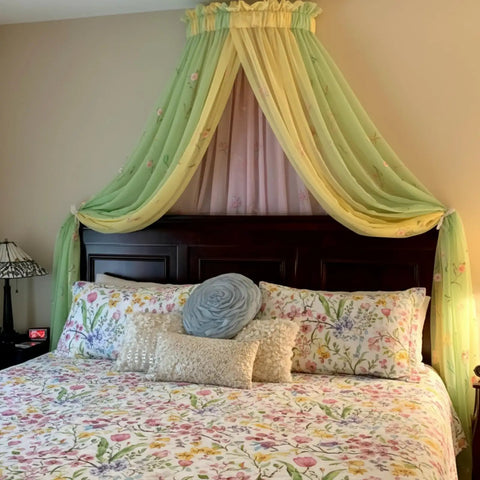 Badass Metal Bed Canopy Frame Kit For Bedroom Fitting Twin To King Sizes Featuring Rod Pocket Curtains Compatibility Hella Simple Diy Setup With Complete Hardware For Major Room Glow Ups with floral bedding and pastel curtains.