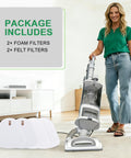 Woman using Navigator vacuum with Filter Replacement Kit With 2 Foam And Felt Filters for NV350 NV352 NV360 NV356 NV355 NV357