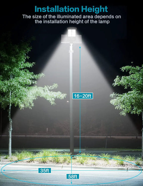 800W Solar Street Flood Light With Dusk To Dawn Sensor illuminating parking lot at night, IP66 waterproof lighting