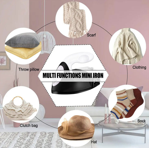 Ultra Compact Mini Heat Press Machine Portable Steam Iron With Charging Base For Diy T Shirts Shoes Bags And Hats on table with various fabric items.